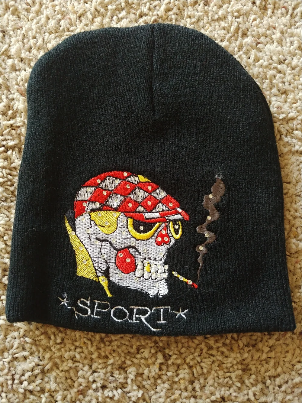 Sporto Black Knit Beanie with Colorful Skull Embroidery